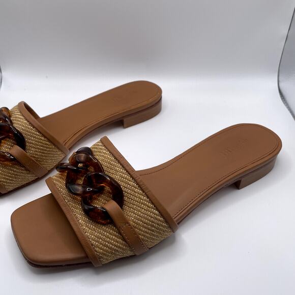 J. McLaughlin Adima Flat Slide Sandals 9  Straw Tortoiseshell Chain - Picture 4 of 9